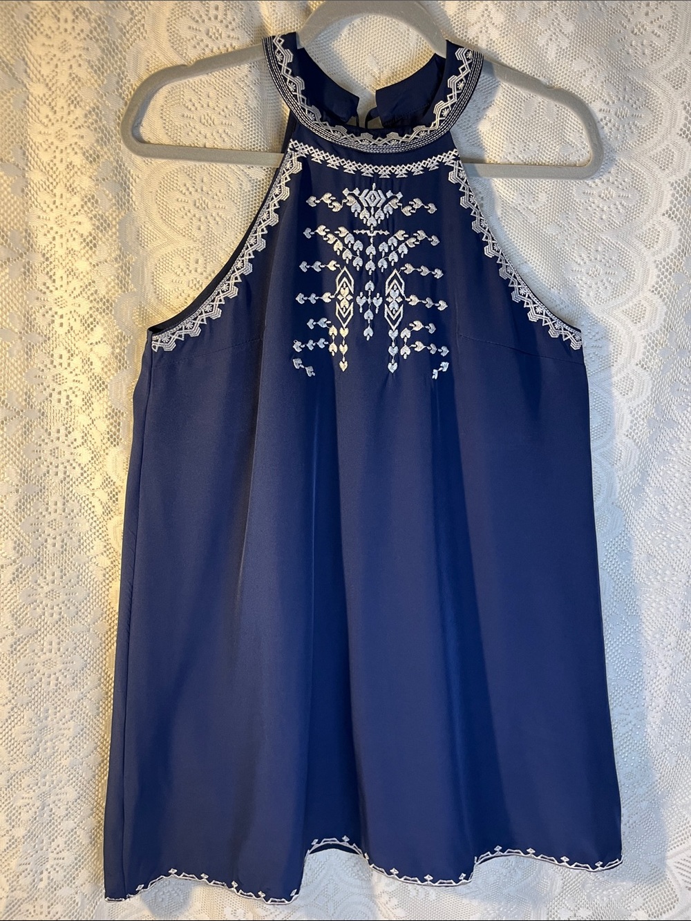 Navy Halter Dress with White Embroidered Detail NWOT M